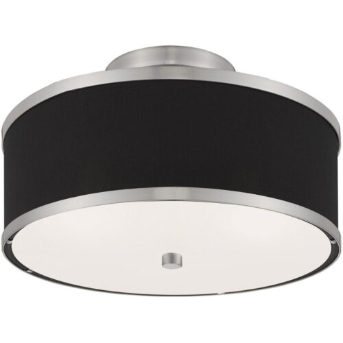 2 Light Brushed Nickel Ceiling Light fixture with Hand Crafted Black Fabric Hardback Shade-Lighting LumensFlush Mount Ceiling Lights
