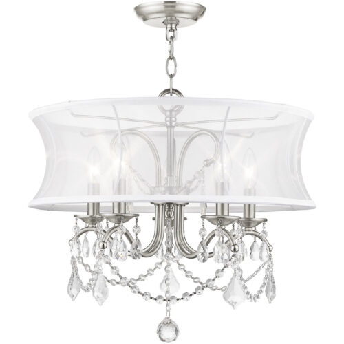 5 Light Brushed Nickel Chandelier with Off White Silk Shimmer Shade-Lighting LumensChandeliers