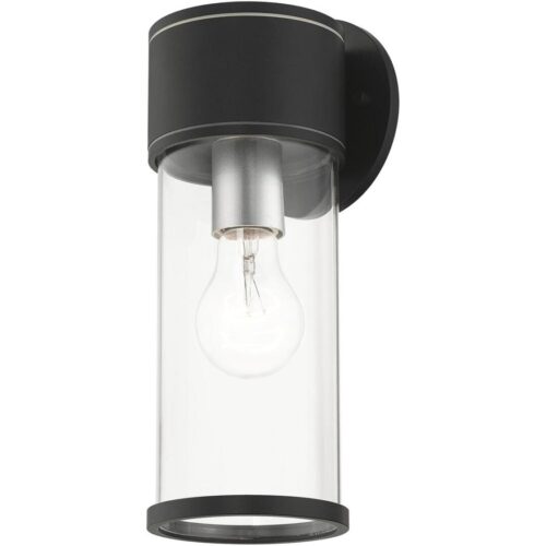 71923-14 1 Light Textured Black Outdoor Medium Wall Lantern with Antique Silver Finish Accents-Lighting LumensLantern