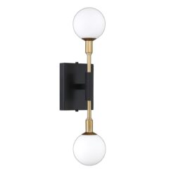 AMBIENCE Black & Brass 2-Light Wall Sconce with White Globe Shades | Stylish Lighting Fixture