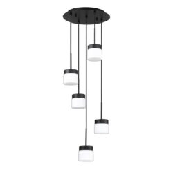 NUON 5-Light Black Pendant, Modern Metal Fixture with White Glass Shades, Ideal for Stylish Spaces