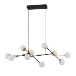 CALIPSO 10-Light LED Pendant - Black & Brass, White Glass Globes, Modern Lighting Fixture