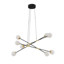 CALIPSO 8-Light LED Pendant Fixture - Black & Brass with White Glass Globes - Modern Lighting