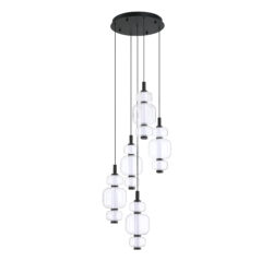 Elegant SOLICA 5-Light Black LED Pendant with Adjustable CCT & Borosilicate Glass Shades